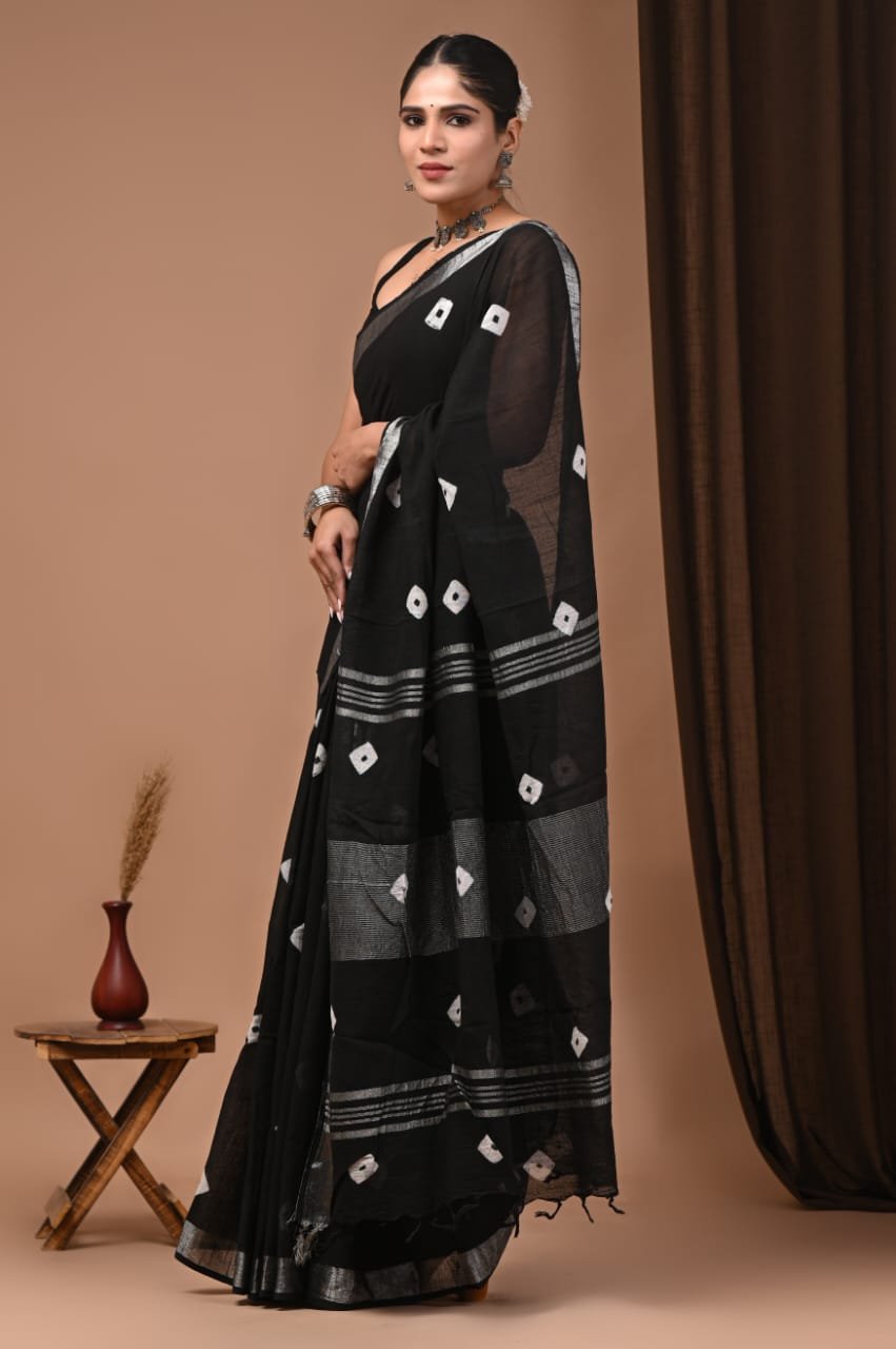 Hand Block Printed Linen Saree with Blouse